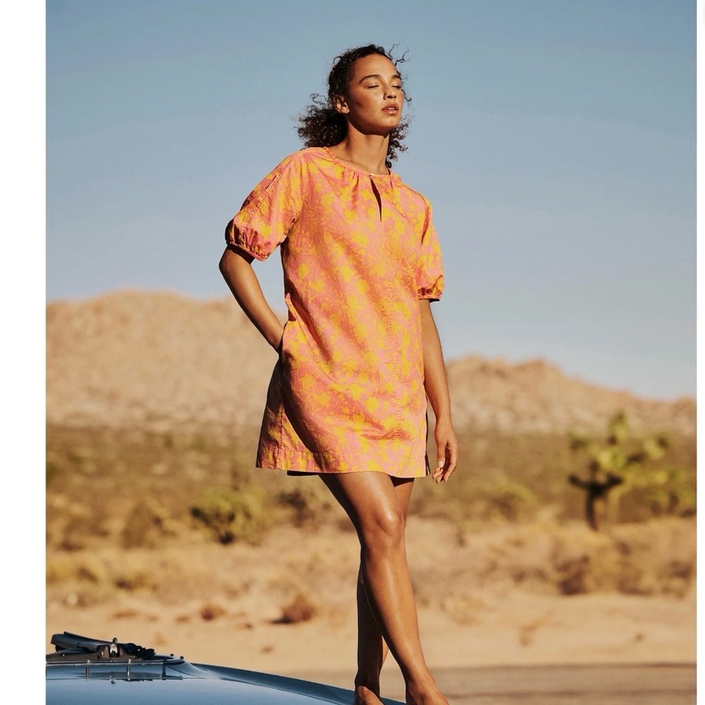 Poplin Beach Resortwear Shirred Neck 100 Cotton Mini Dress XXL Pink Coral Pocket
